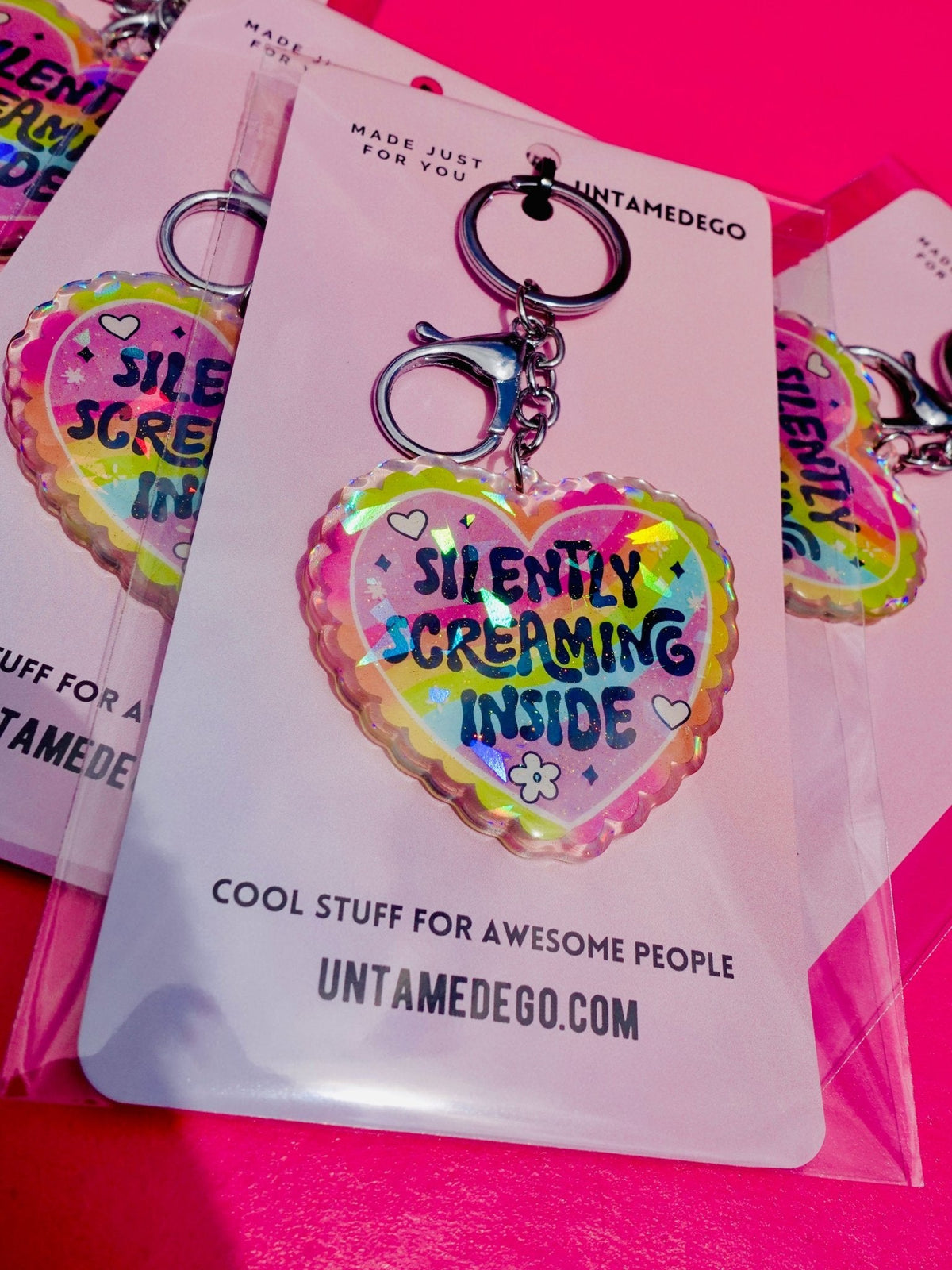 Silently Screaming Inside Holographic Heart Holographic Keychain - Pretty Petty Co