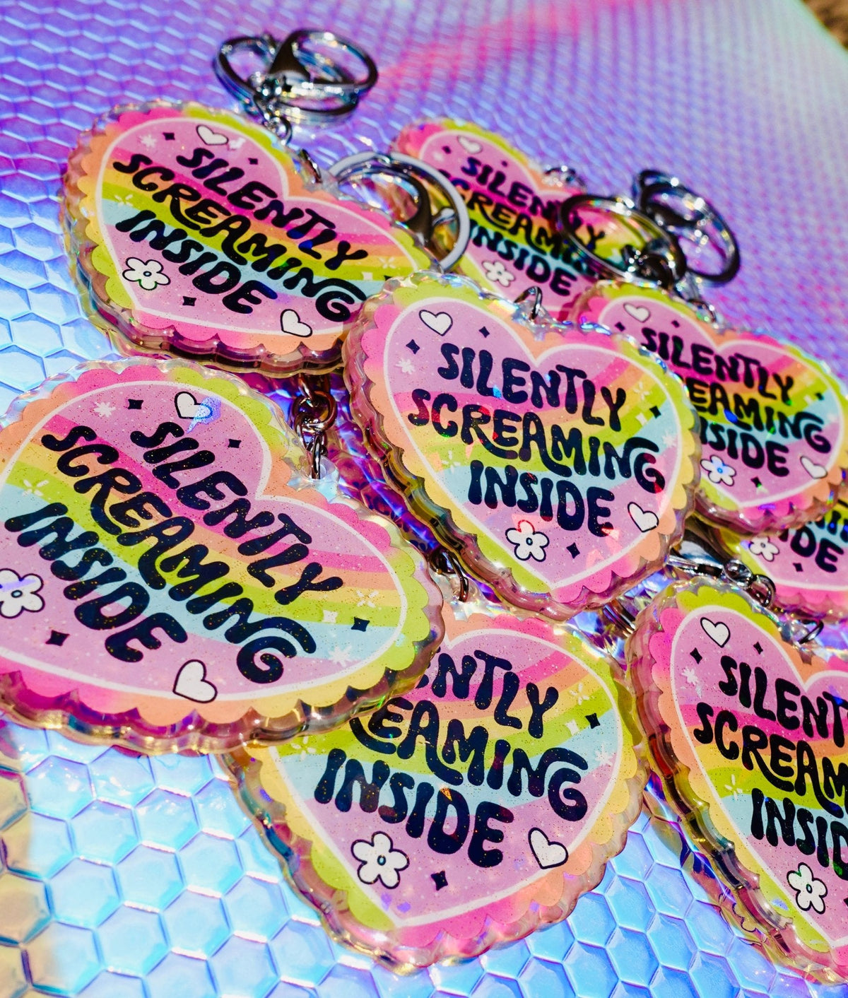 Silently Screaming Inside Holographic Heart Holographic Keychain - Pretty Petty Co
