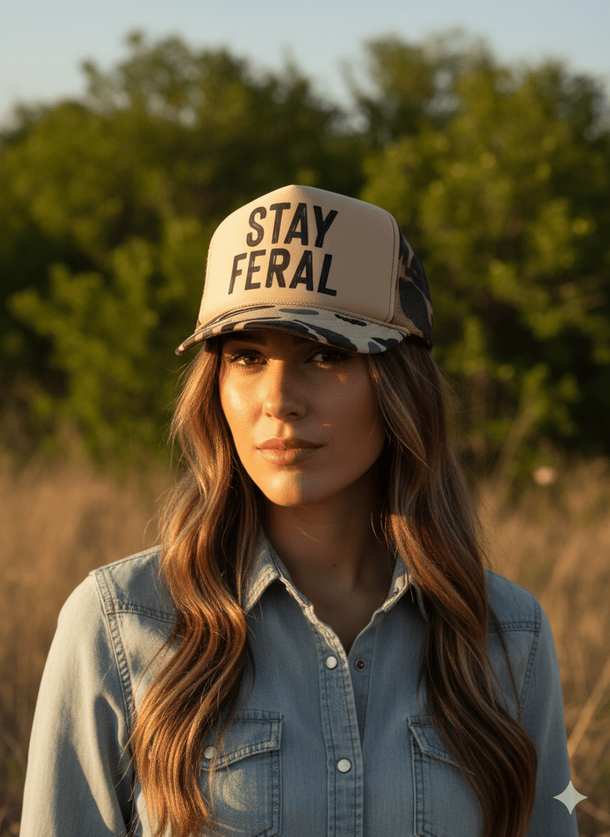 Stay Feral Camo Trucker Hat - Pretty Petty Co