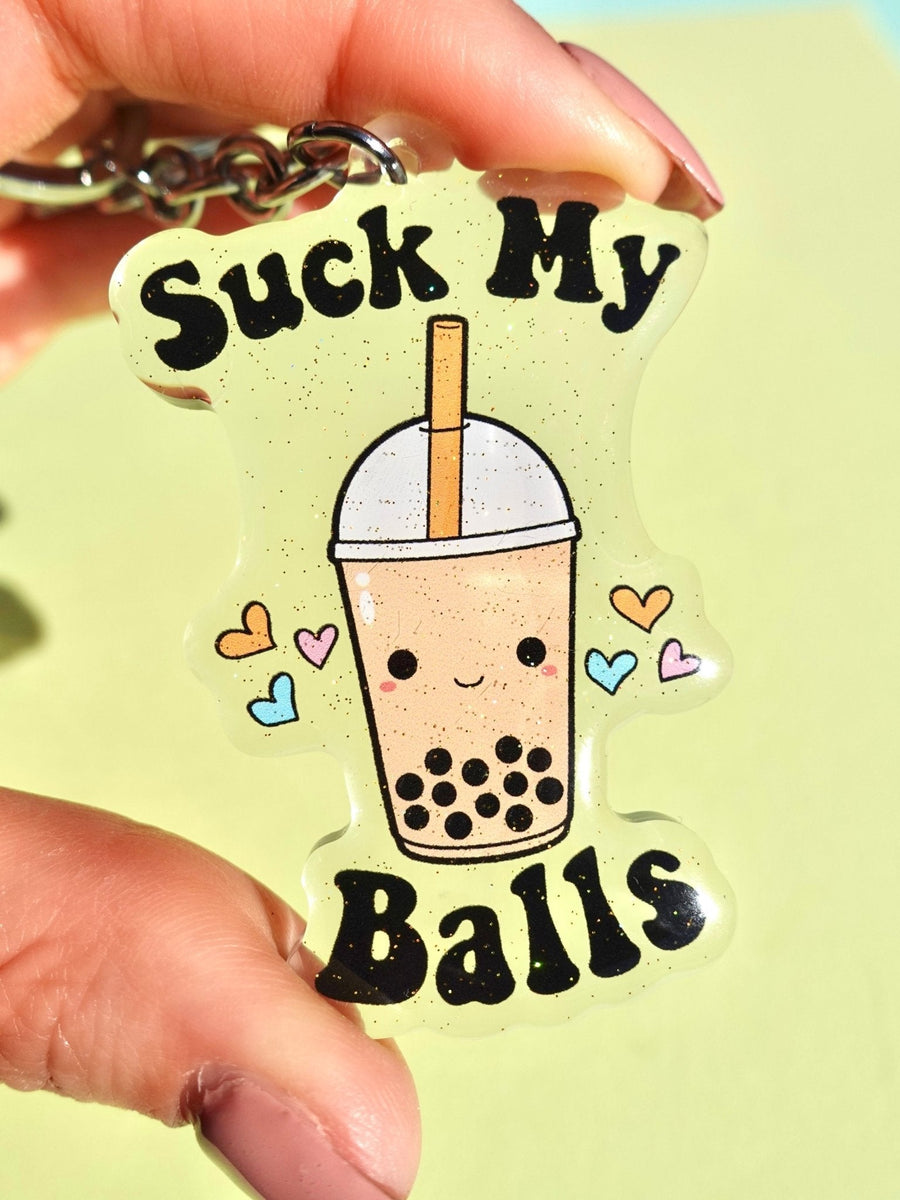 Suck My Balls Keychain – Funny Boba Tea Acrylic Glitter Keychain - Pretty Petty Co
