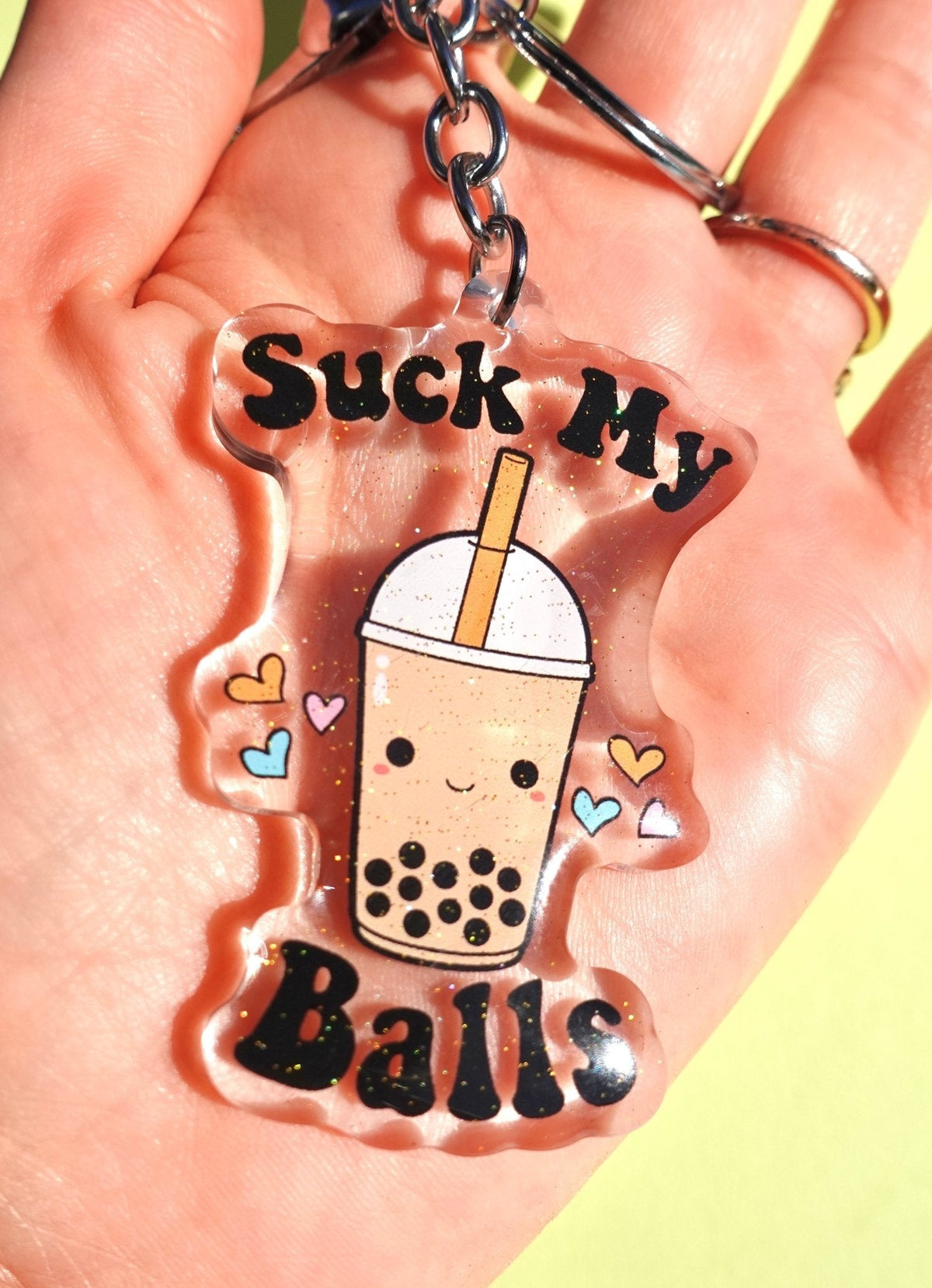 Suck My Balls Keychain – Funny Boba Tea Acrylic Glitter Keychain - Pretty Petty Co
