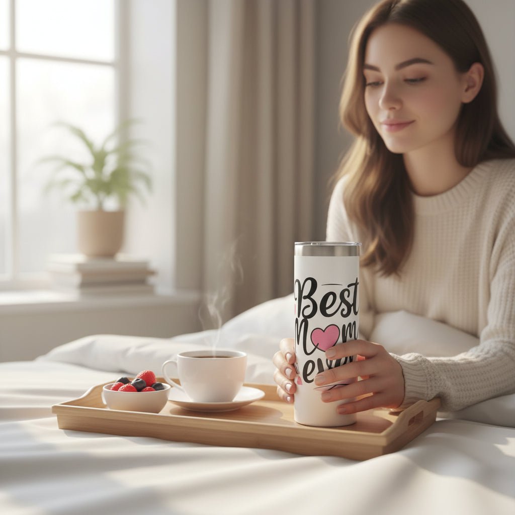 White Best Mom Ever Skinny Tumbler with Straw and Gift Box