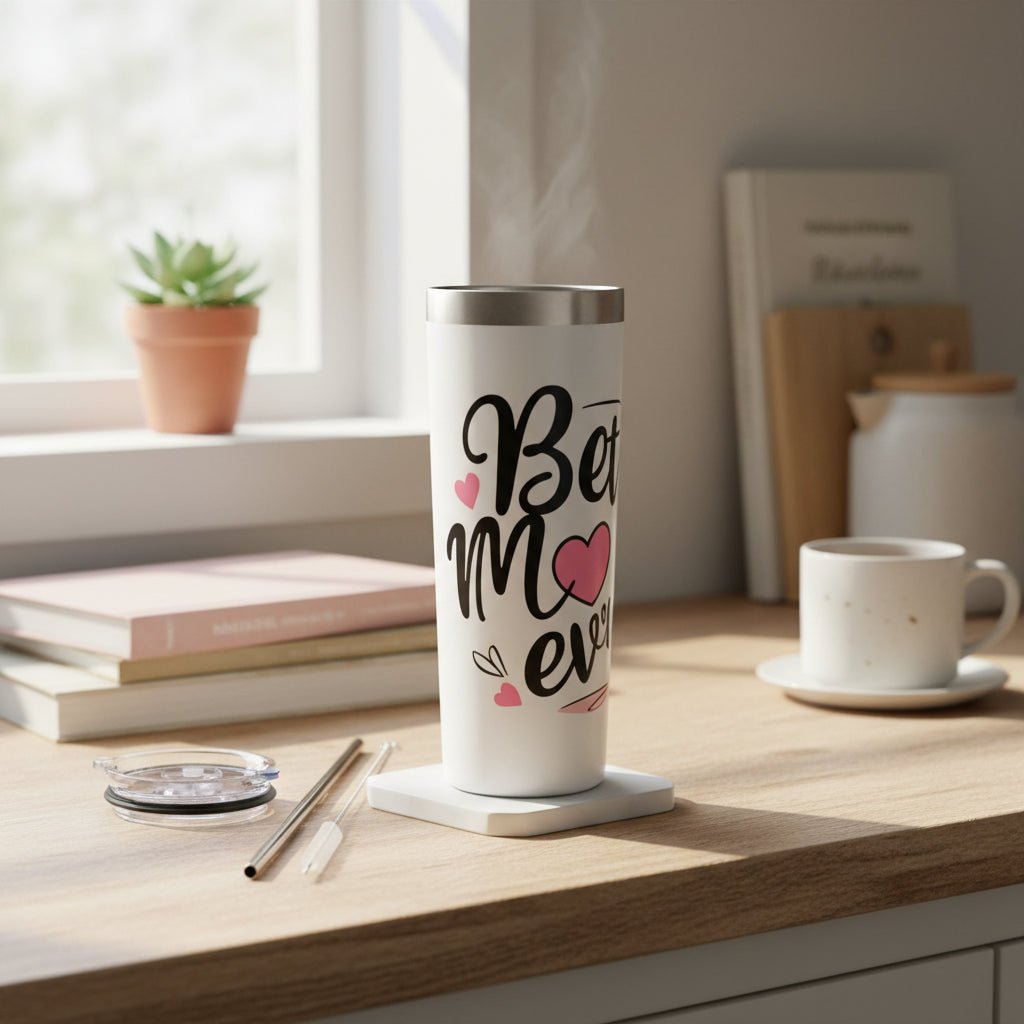 White Best Mom Ever Skinny Tumbler with Straw and Gift Box