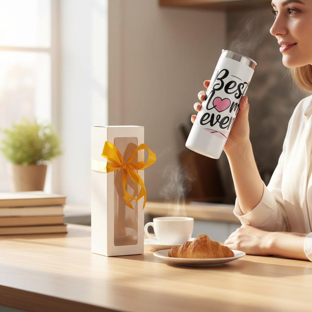 White Best Mom Ever Skinny Tumbler with Straw and Gift Box